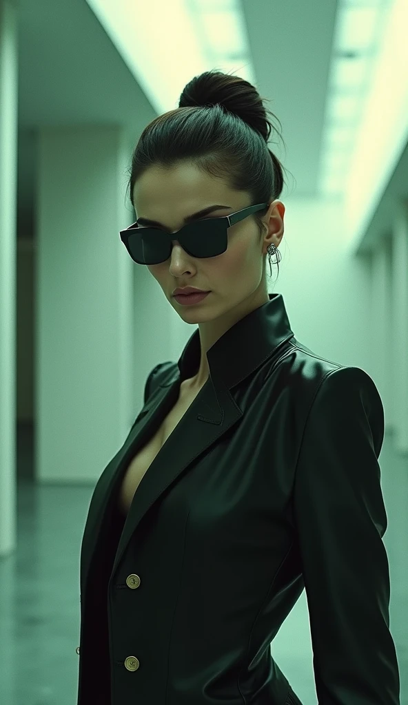 the matrix x2 a 'nmez de btis xvdd, Audrey Hepburn starring, in the style of ludwig mies van der rohe, tilt-shift lenses, strong facial expression, corporate punk, group zero, forced perspective, dynamic and action-packed --ar 25:13 --v 5 (No Luma text prompts were used).