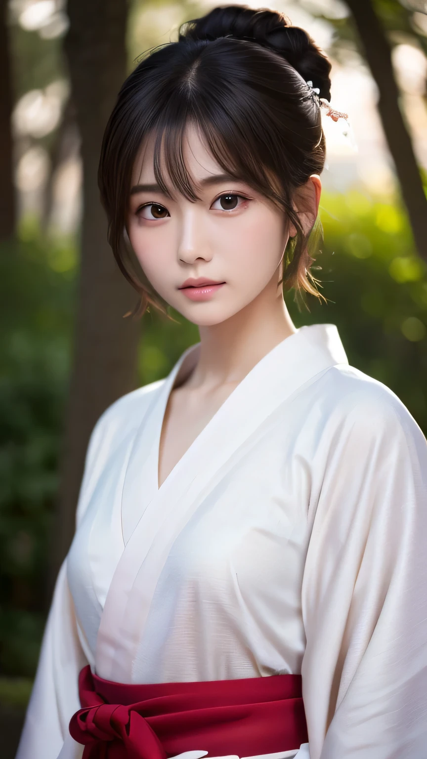 short hair、(Photo realistic:1.urreal:1.4)、(Realistic:1.3)、 (Gentle lighting: 1.05)、(Improve the lighting quality of the video:0.9)、32K ...、 One person、20-year-old girl、Photorealistic Lighting、Backlight、Faciat、Ray-tracing、(bright:1.2)、(Improvement of quality:1.4)、 (Highest Quality Real Texture Skins)、Beautiful Eyes,Delicate and elegant face、 (Tired, sleepy and satisfied : 0.0), Face close-up, White kimono、Red long skirt、Shrine maiden costume : 1.3, ((Closing the collar of a kimono)), Glowing Skin、Korean Idol、Nogizaka Idol、Burning idol pose、Beautiful actress、A proper woman、 whole body