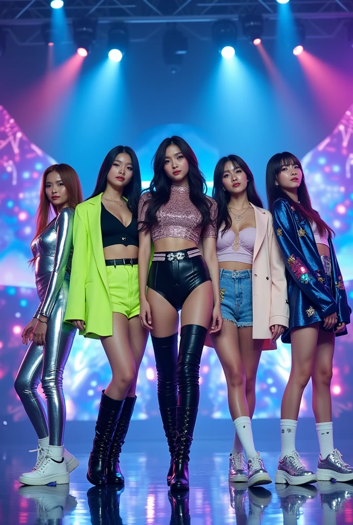 

A k-pop girl group "Starlight" performing at M Countdown (from left to right)
Jisoo - Sleek, futuristic silver jumpsuit with holographic accents and a high collar.
Nari -  Bold neon green crop top with geometric patterns and high-waisted black leather pants 
Soojin - Shimmery galaxy-print mini dress with star-shaped embellishments and thigh-high boots.
Mina - Pastel-colored oversized blazer with metallic blue shorts and knee-high socks.
Yuna - Space-themed romper with LED light details and metallic sneakers

 

   