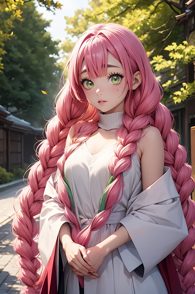 a woman with pink hair posing next to trees dressed in a red sweater, 1girl, solo, kanroji mitsuri, multicolored hair, green eyes, mole, pink hair, braid, green hair, sweater, long hair, gradient hair, mole under eye, looking at viewer, twin braids, breasts, parted lips, off shoulder, lips, sleeveless, autumn leaves, bare shoulders, autumn,mitsuri(demon slayer)