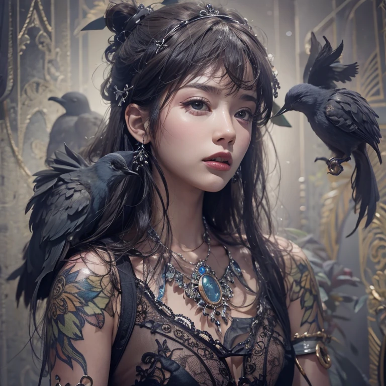 that'that'that'that'that'that'that'it's raining, cthaty、Hair Flow、 ((highest qualthaty、masterpiece、8k、Best image qualthaty、Ultra-high resolution、Award-winning works)、(Accurate anatomy:1.1)、(Look at me and smile:1.1)、Shining fair skin wthath Ultra-high resolution、The most detailed face、Ultra-high resolution detailed face、Ultra-high resolutionの髪の毛、(Ultra-high resolutionの煌めく瞳:1.1)、Beautiful face drawn in every detail、ancient gothic costume , Chest to chest, tattoo, There'There is a real crow next to him.
