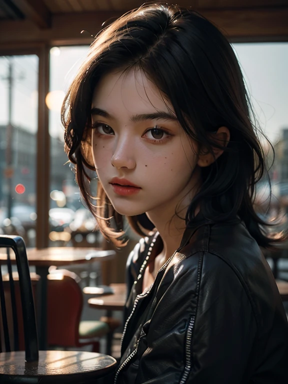 Highest quality, masterpiece, Ultra-high resolution, (Realistic:1.4), RAW Photos, One person, Upper Body, At the coffee shop, Deep Shadow, Dark Theme