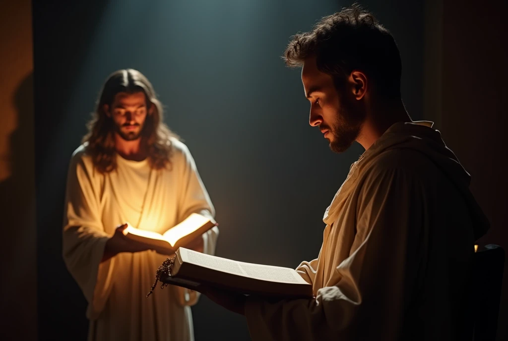Create an image that shows Jesus with an open Bible pouring light on the text, symbolizing the search for truth. A Man is Reflecting on the Side of the Bible, Demonstrating Introspection about the Faith. best quality, master part, High, 1 dragon,blush, Tyndall effect,Photorealistic, dark studio, rim lighting, two-tone lighting,(highly detailed skin:1.2), 8k hd, DSLR, soft lighting, high quality, volumetric lighting, candid, photography, High resolution, 4K, Bokeh