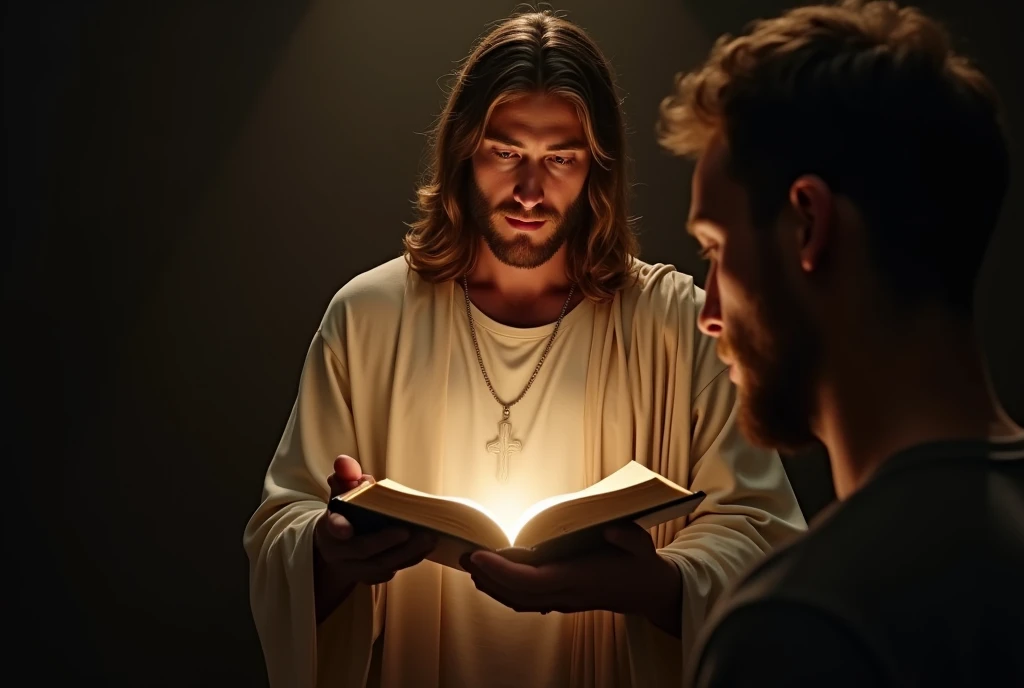 Create an image that shows Jesus with an open Bible pouring light on the text, symbolizing the search for truth. A Man is Reflecting on the Side of the Bible, Demonstrating Introspection about the Faith. best quality, master part, High, 1 dragon,blush, Tyndall effect,Photorealistic, dark studio, rim lighting, two-tone lighting,(highly detailed skin:1.2), 8k hd, DSLR, soft lighting, high quality, volumetric lighting, candid, photography, High resolution, 4K, Bokeh
