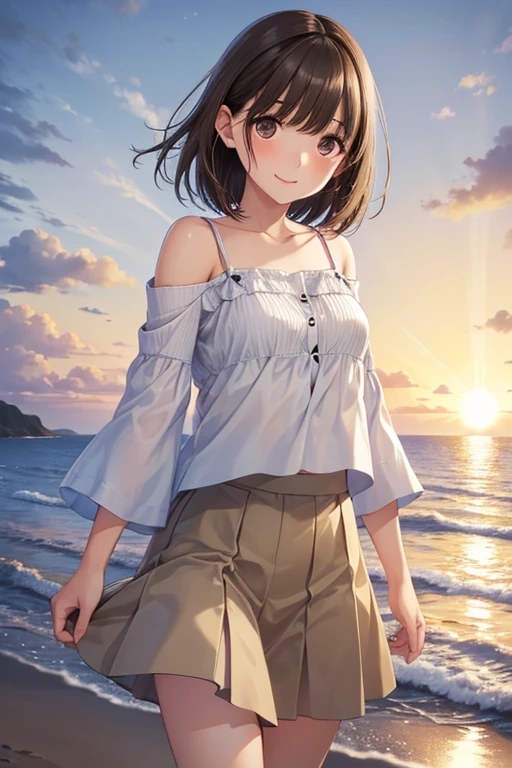 anegasaki nene、Shiny brown hair, short hair, (Beautiful brown eyes、Sparkling eyes, Fine grain)、smile、Ultra-detailed eyes、Highly detailed face, Highly detailed eyes,Cowboy Shot、
Highest quality、masterpiece、one person's、Cute Face、shy:0.2、Small Nose、Fuller lips、
White camisole、Long sleeve beige cardigan、White long skirt、barefoot、Highly detailed faceと肌の質感、Small face、walk、break、summer night、walk along the beach、sunset、Afternoon Sun、Orange sky、Scarlet Cloud、silence、evening、Wabi-sabi art、Movie angle、Inspiring works、a memory from summer