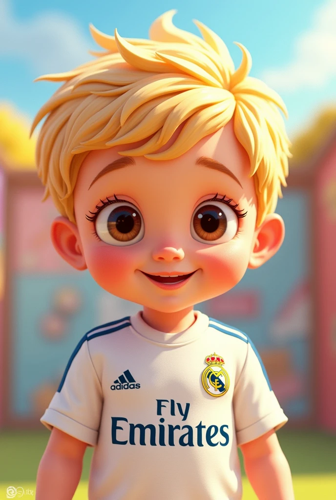 3 year old baby cartoon, Blonde with little hair and brown eyes with the Real Madrid shirt