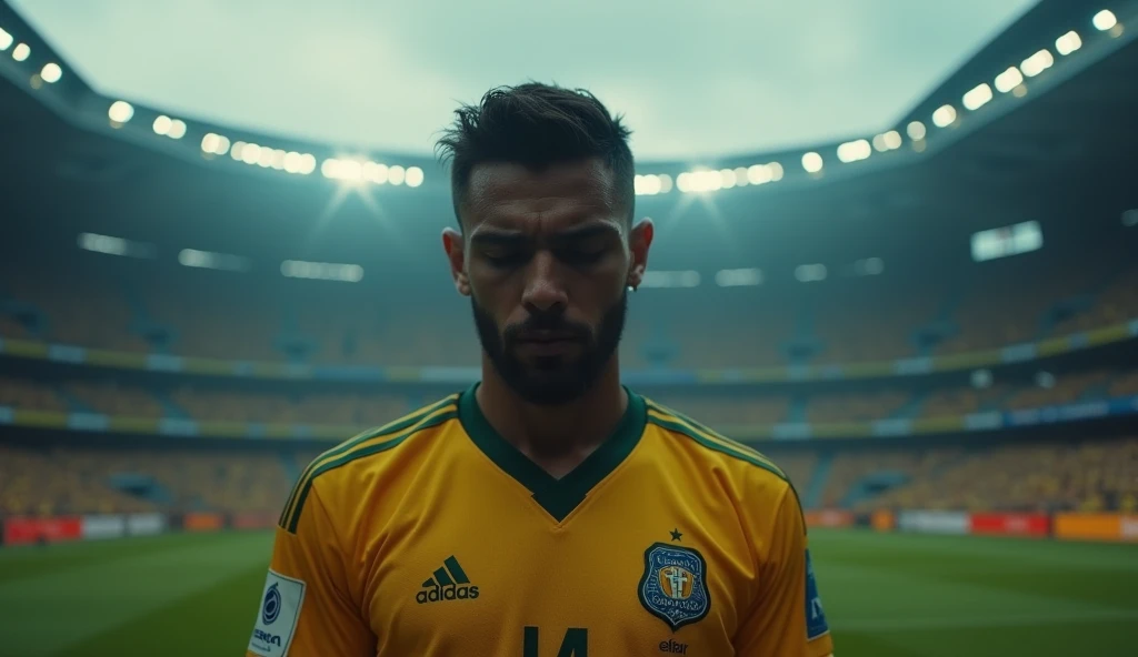 "A heart-wrenching, realistic image of Gabigol, Flamengo's star player, standing in the center of the Maracanã stadium. His face is full of sorrow, his eyes downcast. The background is blurred, emphasizing his isolation. Dramatic lighting."