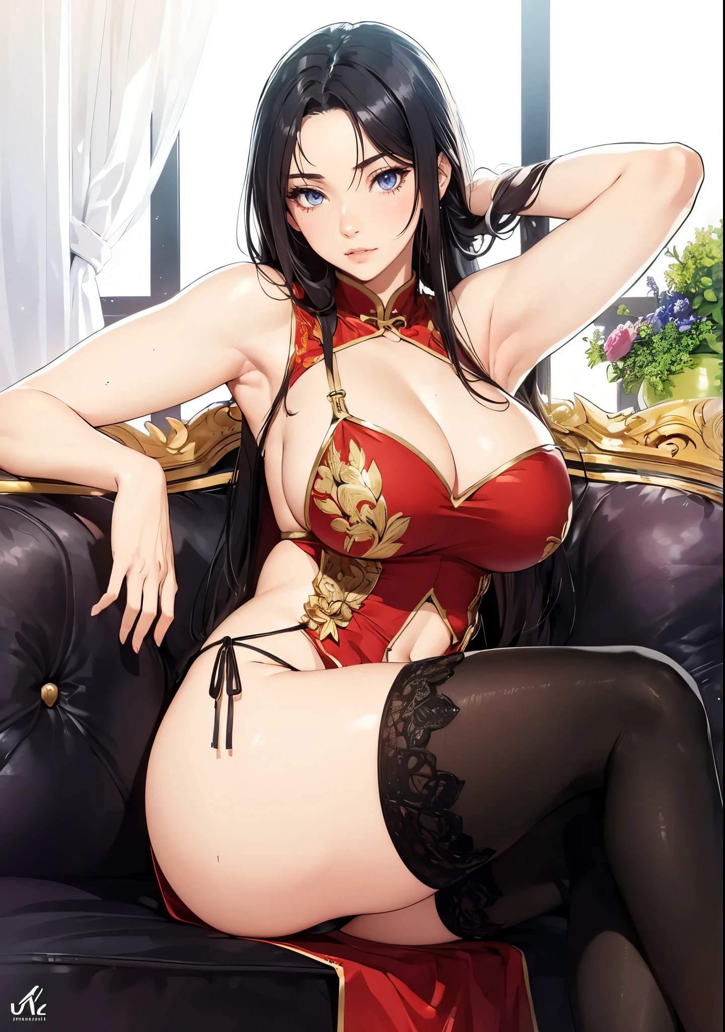 ((1girl, solo)), large breasts, beautiful body, (perfect anatomy, perfect body, perfect hands, perfect legs), nice hands, natural proportions, sexy body, sitting, crossed legs, armpits, arm behind head BREAK
((extremely detailed face)), black eyes, (beautiful detailed eyes:1.6), (realistic pupils, realistic iris:1), expressive eyes, looking at viewer, (clear eyes:1.3), (hyperrealistic:1.2), (detailed skin texture:1.2), smooth skin, (black hair:1.5), hair intakes, parted bangs, long hair, (detailed lips:1.2), (attractive lips:1.1), (glossy lips:1.1), perfect face, perfect eyes BREAK
china dress, chinese clothes, sideless outfit, sleeveless dress, red dress, mini qipao, cleavage cutout, bare shoulders, string panties, thighs, black thighhighs BREAK
(masterpiece:1.5), anime-style, top quality, best quality, (beautiful and aesthetic:1.2), (ultra detail:1.5), Ultra-detailed depiction, Ultra-precise depiction, extremely detailed 8k illustration, high resolution, (highly detailed shading:1.2), (realistic lighting:1.4), perfect lighting, vibrant colors, dynamic tones, striking hues, 8k, absurd resolution, perfect shadows, hdr, UHD, ambient lighting, realistic, ultra-realistic, photo realistic, highly detailed, rich detail, luminous colors, fine texture, intricate design, professional illustration, (soft light:1.2), (illustration:0.7)