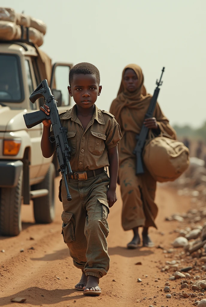 Somalia boy with ak47 and his mother carrying and his father in car says come on