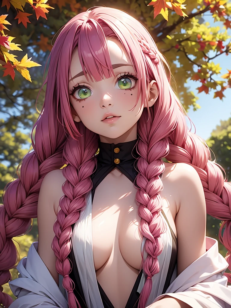 a woman with pink hair posing next to trees dressed in a red sweater, 1girl, solo, kanroji mitsuri, multicolored hair, green eyes, mole, pink hair, braid, green hair, sweater, long hair, gradient hair, mole under eye, looking at viewer, twin braids, breasts, parted lips, off shoulder, lips, sleeveless, autumn leaves, bare shoulders, autumn,mitsuri(demon slayer)