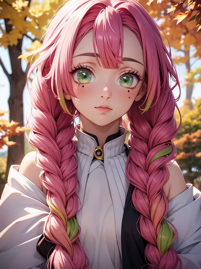 a woman with pink hair posing next to trees dressed in a red sweater, 1girl, solo, kanroji mitsuri, multicolored hair, green eyes, mole, pink hair, braid, green hair, sweater, long hair, gradient hair, mole under eye, looking at viewer, twin braids, breasts, parted lips, off shoulder, lips, sleeveless, autumn leaves, bare shoulders, autumn,mitsuri(demon slayer)
