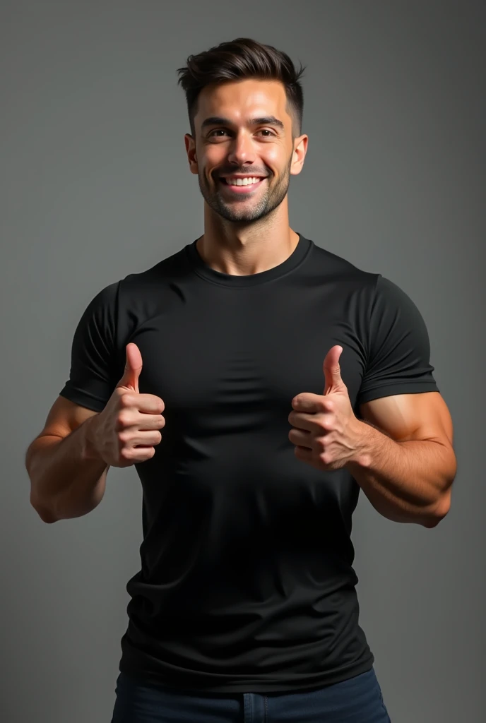 Keep Fit:Prompt: "Create an image of a man wearing a plain black t-shirt with a grey background. The man should be standing confidently with a thumbs-up gesture, symbolizing general fitness and health maintenance."