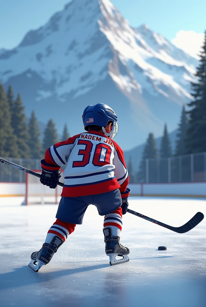 A single boy playing ice hockey wearing a gersy no. 30 named Nadeem jr back ground mountain showing his back