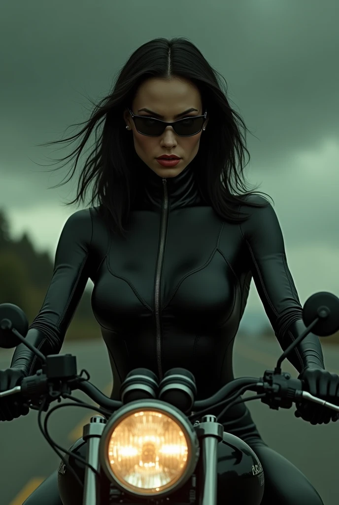 matrix trinity,((masterpiece, Best Quality, High resolution, 32K HDR)), (Perfect portrait of trinity00:1.15), (black body suit:1.1, realistic Trinity sunglasses:1.1), Ultra detailed eyes, hyper derailed face, Detailed mouth, Detailed skin texture, (Atmospheric lighting), Shot with Aricum LT camera, (realistic driving the bike:1.2, on the highway:1.1, Huge breasts:1.15),