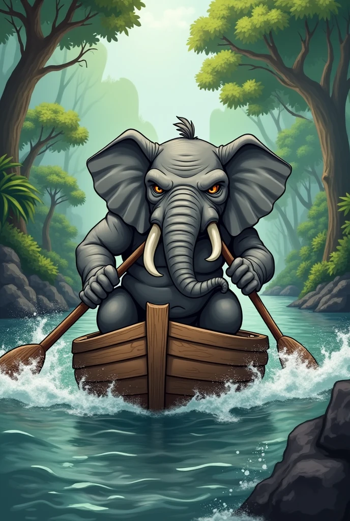 A cartoon of a ferocious elephant-man paddling a boat out of a river.