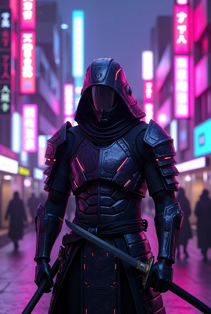 Create a realistic image of a cyberpunk samurai in Tokyo with purple lights 

