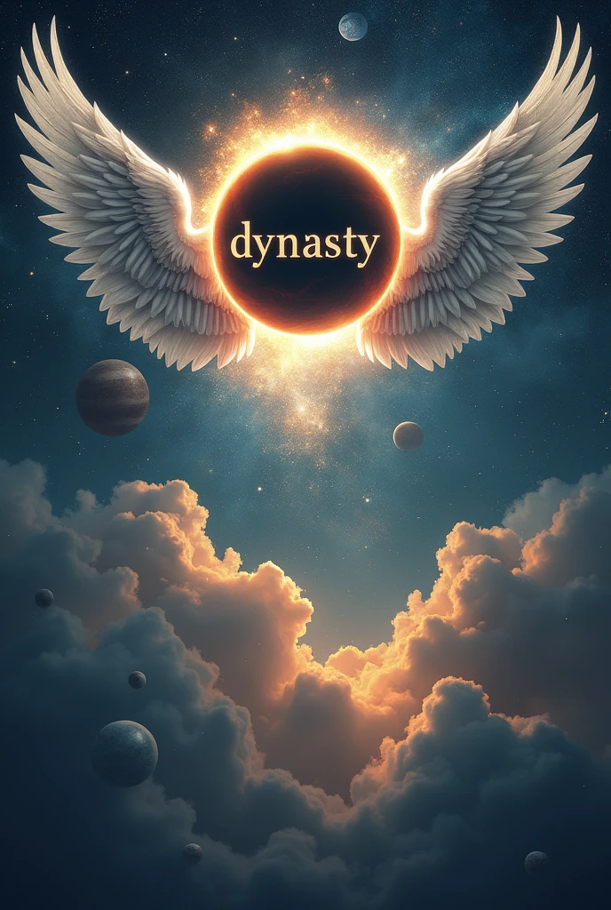 eclipse with planets background and angel wings, only the wings at the top of the image that say the word Dynasty in letters similar to those in the image.