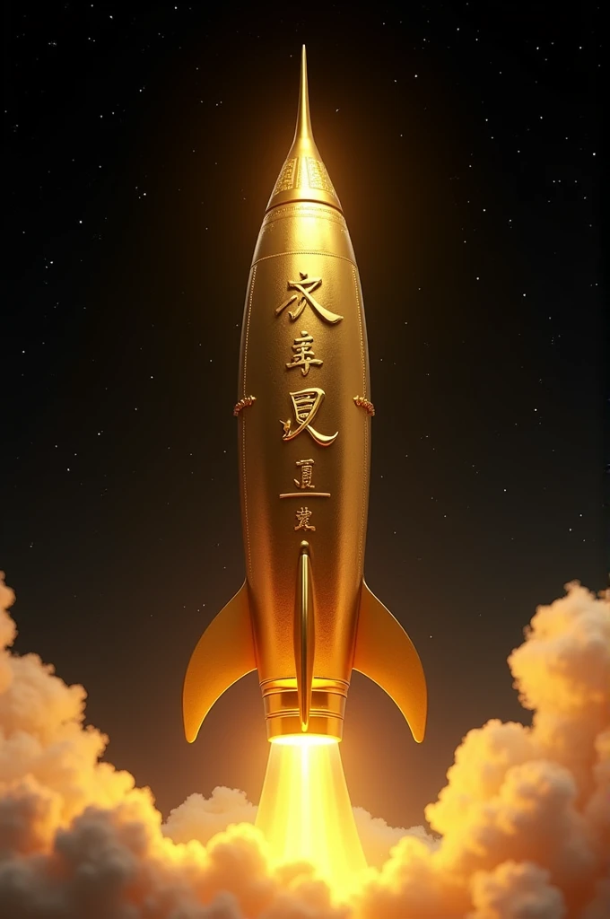 Create an image of a realistic golden rocket with the phrases engraved on it, 名傌, success and wealth 