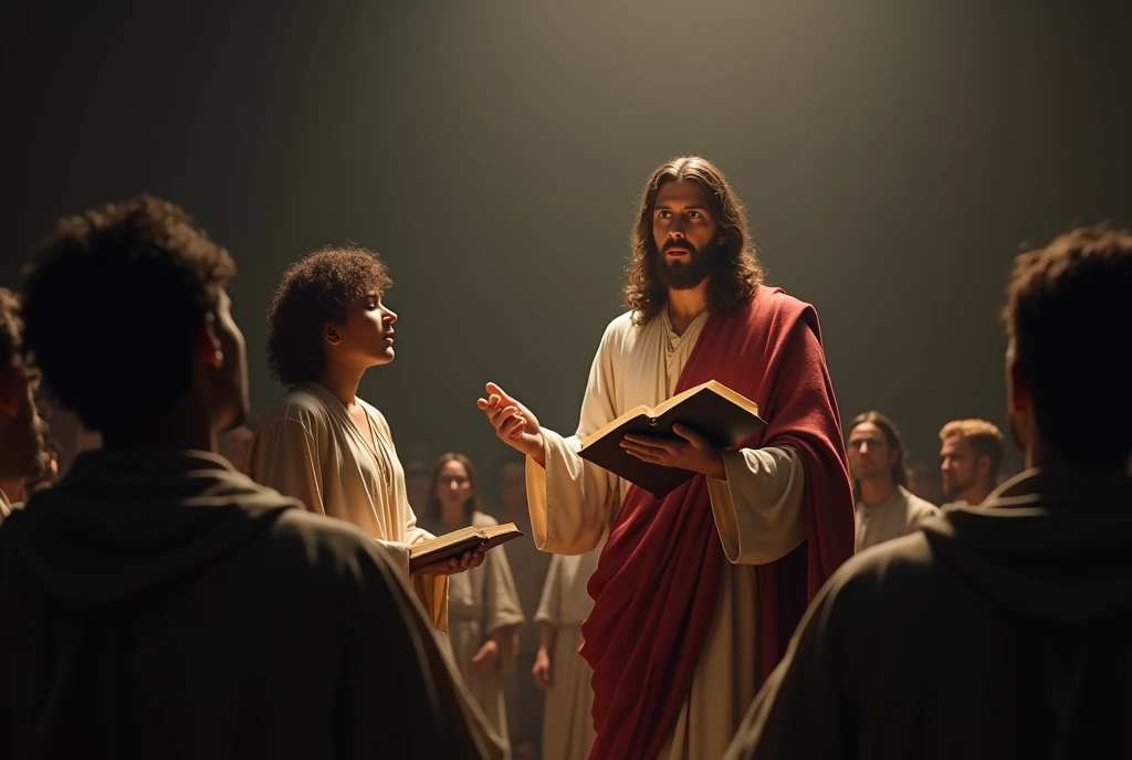 Create an image that shows Jesus with an open Bible preaching to many people, symbolizing the search for truth. A Man is Reflecting on the Side of the Bible, Demonstrating Introspection about the Faith. best quality, master part, High, 1 dragon,blush, Tyndall effect,Photorealistic, dark studio, rim lighting, two-tone lighting,(highly detailed skin:1.2), 8k hd, DSLR, soft lighting, high quality, volumetric lighting, candid, photography, High resolution, 4K, Bokeh

