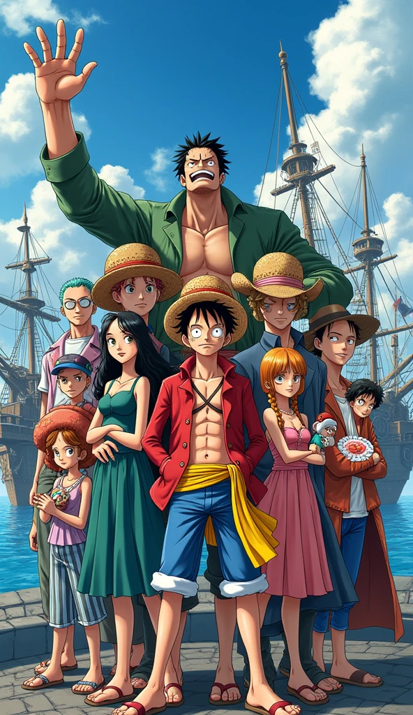 Create an image of the main characters of one piece. I want the image in horizontal format