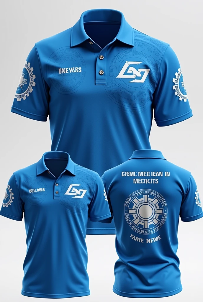 A poloshirt design for mechanical engineering students with a blue theme, show the back, front and side views with a caption at the back "Junior Philippine Soceity of Mecganical engineers, Capitol Universitt Chapter" with a Family name sample of the  Left sleeve more design please that shows a symbols of mechanical engineerinf field