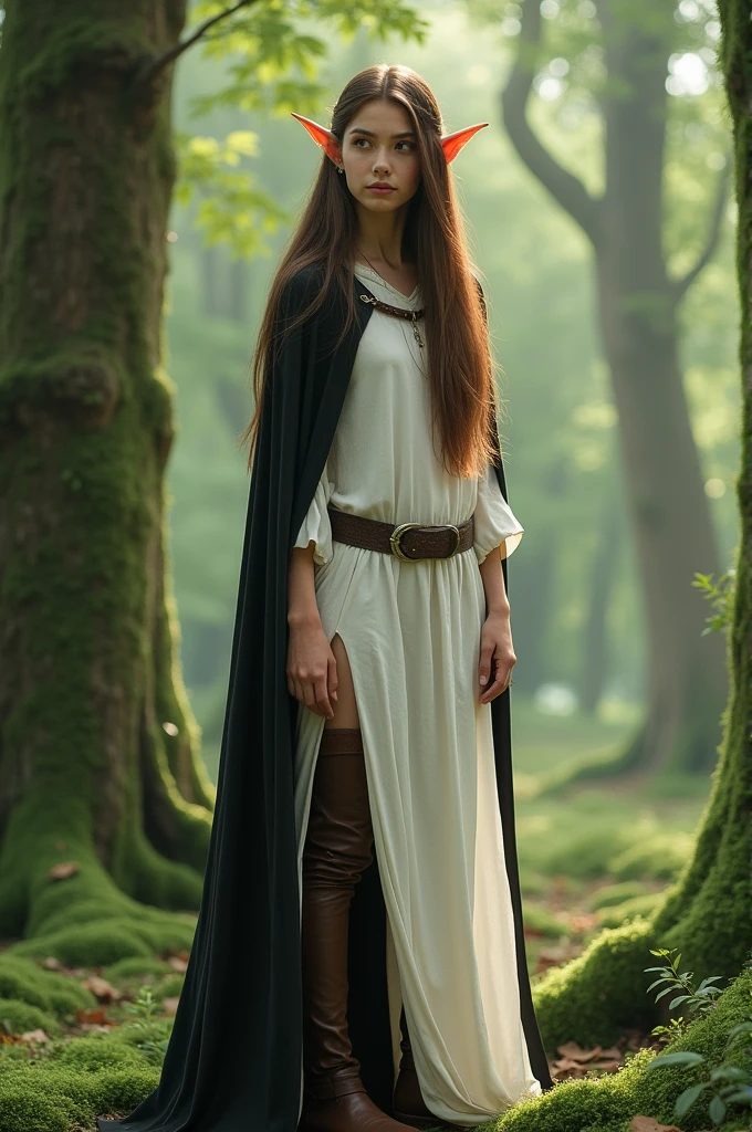 Sweet elf with brown long smooth hair. White dress. whole body. elf ears. young adult woman. black cape  with white dress. in a forest. straight hair. Straight hair. pointed elf ears. white tunic with leather pants. 