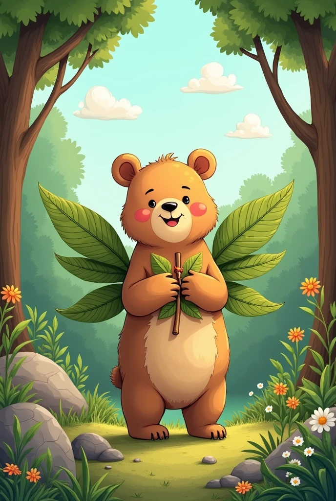 An outline image of a happy bear in a forest, holding wings made of leaves and branches. The bear is smiling, surrounded by trees and plants, ready to be colored in. The scene is detailed, with various elements of nature like flowers, rocks, and clouds, but the focus is on the bear and its unique wings made from natural materials.