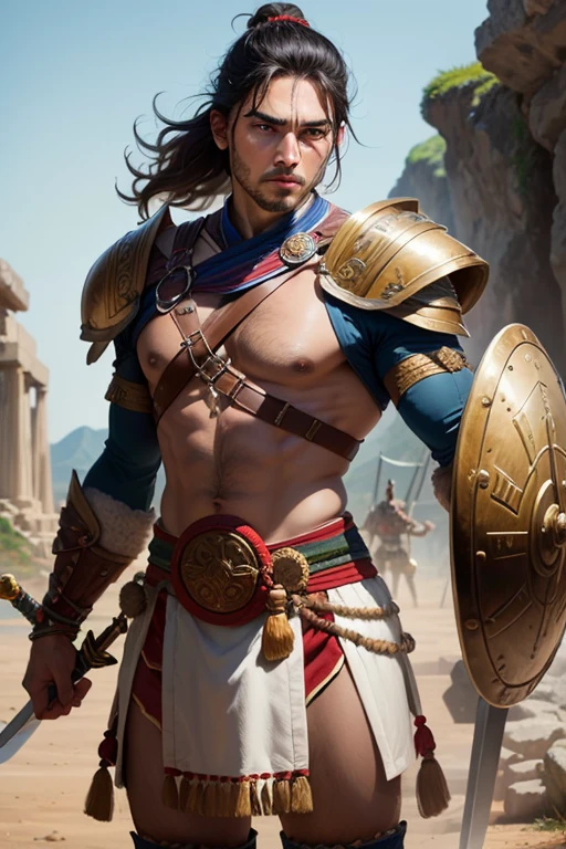 A Dorian tribal warrior from ancient Greece, Sword and shield, whole body.