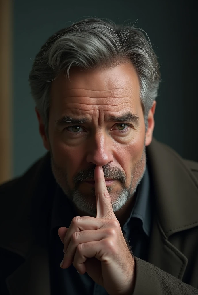 "Create a image of a man with a thoughtful expression, placing his finger gently on his lips, as if signaling 'quiet' or 'secrecy'. The background should be subtle to keep the focus on his gesture, and his eyes should convey a sense of curiosity or contemplation."