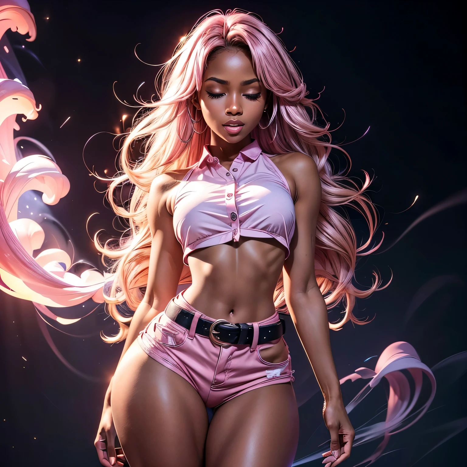 in pink hypnosis, (1), (dark skin), dark skin, wide shot, blond hair, orgasm, (white button down top, pink shorts with belt), (Masterpiece, Professional lighting, 16k, 8k wallpaper, raw photo, photorealistic:1.8, ultra detailed, natural lighting, detailed skin sexy pose, open mouth, big lips, night time, eyes closed, magical world, pink smoke, orgasm, screaming, ((slim thick body:1.2)), hypnosis