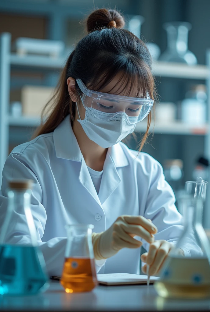 A student handling material in a chemistry lab with gloves, glasses and face masks }