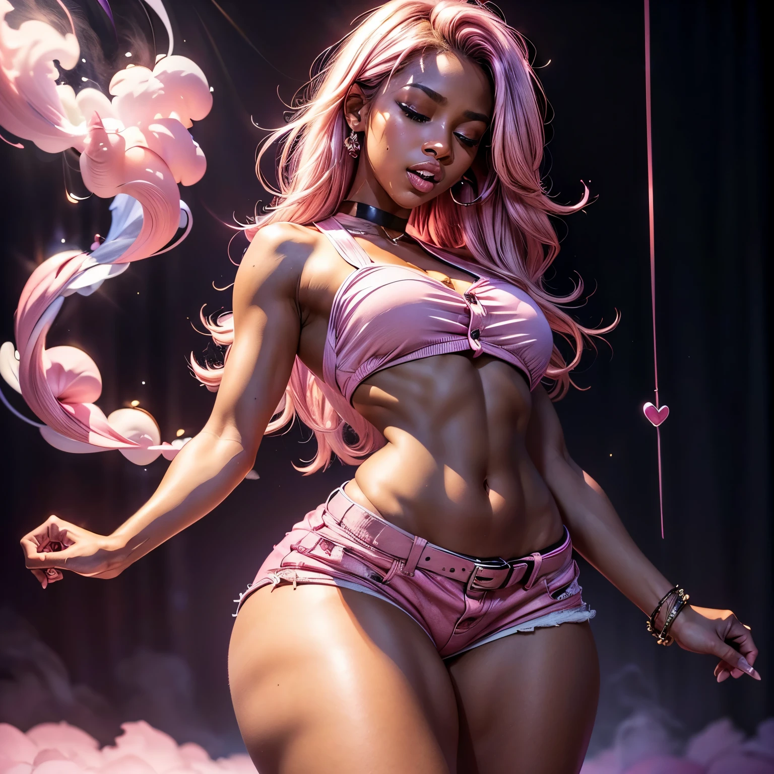 in pink hypnosis, (1), (dark skin), dark skin, wide shot, blond hair, orgasm, (white button down top, pink shorts with belt), (Masterpiece, Professional lighting, 16k, 8k wallpaper, raw photo, photorealistic:1.8, ultra detailed, natural lighting, detailed skin sexy pose, open mouth, big lips, night time, eyes closed, magical world, pink smoke, orgasm, screaming, ((slim thick body:1.2)), hypnosis