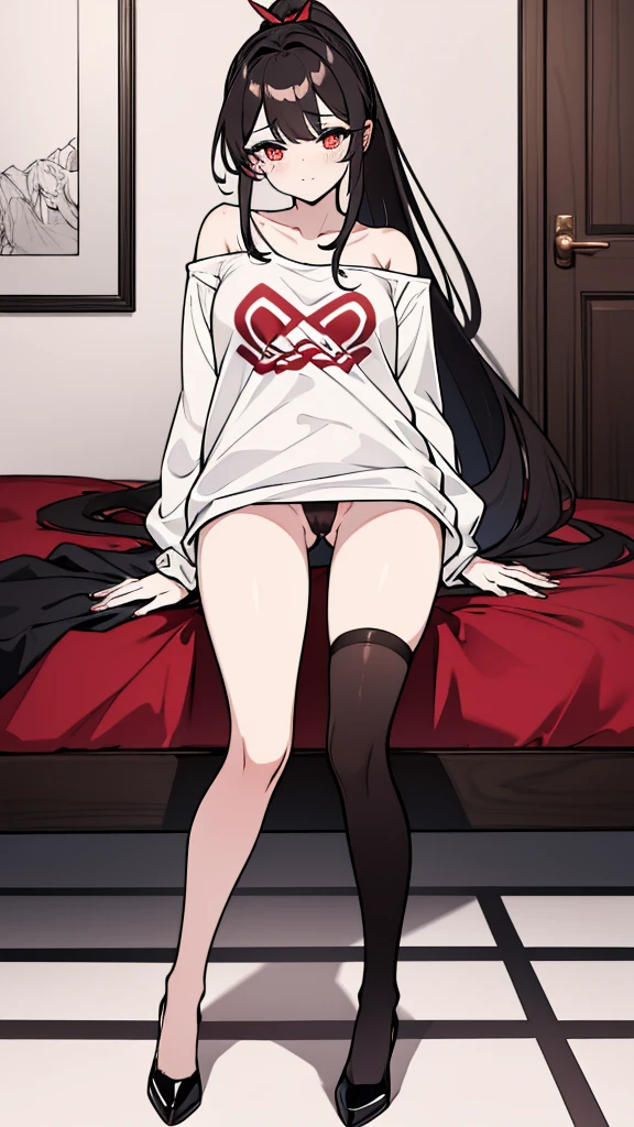 using pantimedies, wavy black hair, piercing look with deep red eyes, average stature, Silky hair with a ponytail hairstyle collected with a red bow with two white lines, has a vagina, has breasts, cup of breasts, small breasts, slim, foreground, Session, sitting in her room, standing in his room, wearing pantyhose, using pantimedies, Picardias, neckline, looking at the viewer, lascivious smile, ((oversized t-shirt)), off the shoulders, without pants, washing machines, thighs, ((White T-shirt)), standing, hands on the hips,, shoes, blush, from below, thighs gorditos, thighs grandes, big ass