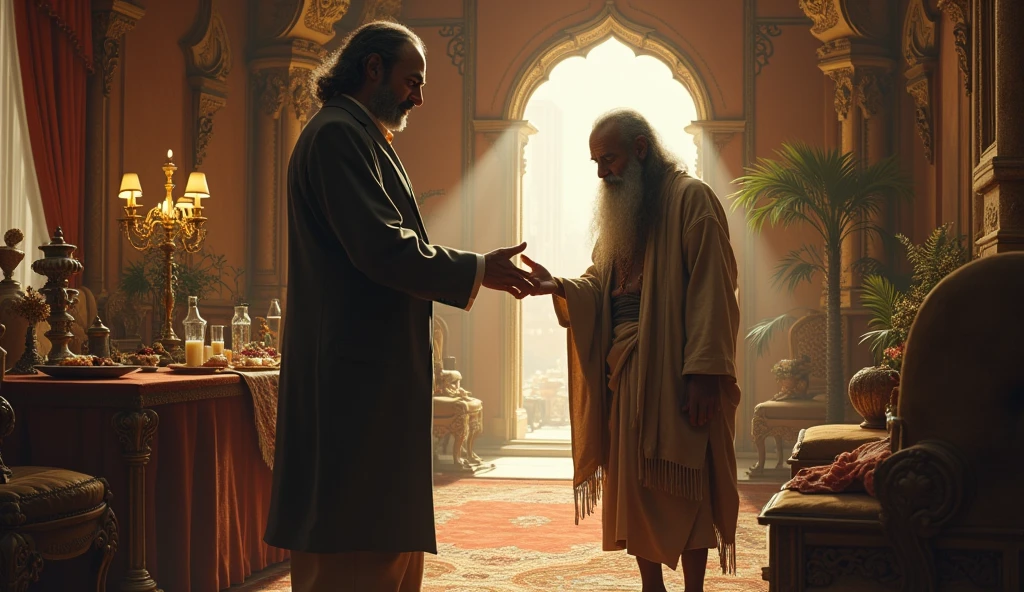 A poignant scene depicting Lord Shiva, disguised as an old beggar, visiting the grand house of a 30-year-old wealthy merchant in the city. The merchant, dressed in an elegant and stylish suit, is shown standing in his opulent home with its lavish decor and furnishings. Despite his wealthy surroundings, his attention is focused on the old beggar.
The merchant, with a kind and empathetic expression, is seen offering the last of his food and milk to the beggar, showing his generosity despite the scarcity of provisions. The beggar, looking humble and frail, accepts the offering with gratitude.
The background highlights the contrast between the merchant’s luxurious environment and the beggar’s simple appearance. The scene captures the merchant's selfless act of kindness and his commitment to helping those in need, reflecting the divine test of his character.