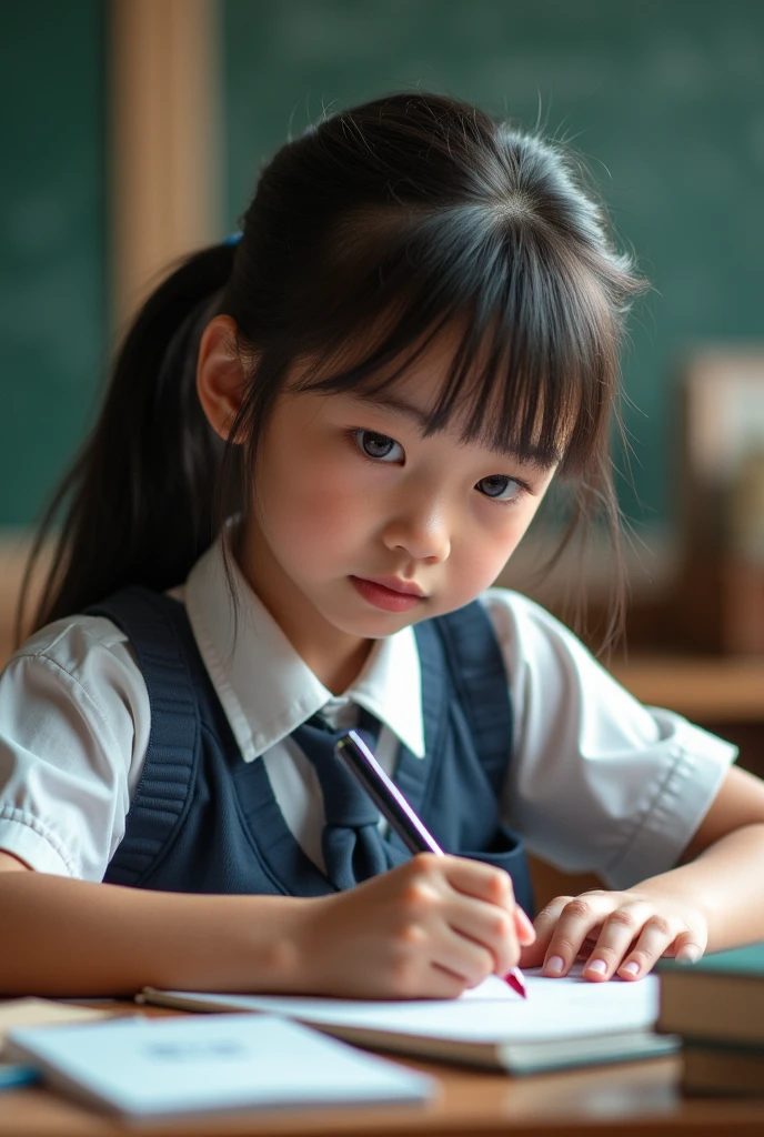 Developing cultural and intellectual skills, education according to the curricula prescribed for students ,  receiving information in the classroom, a close-up picture of a  student wearing a uniform  sitting on a school desk, performing school assignments