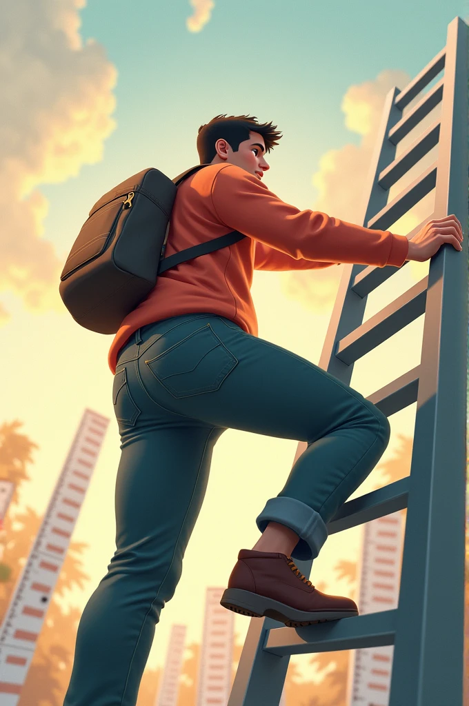 A young man climbing a ladder representing growth, with growth charts in the background.