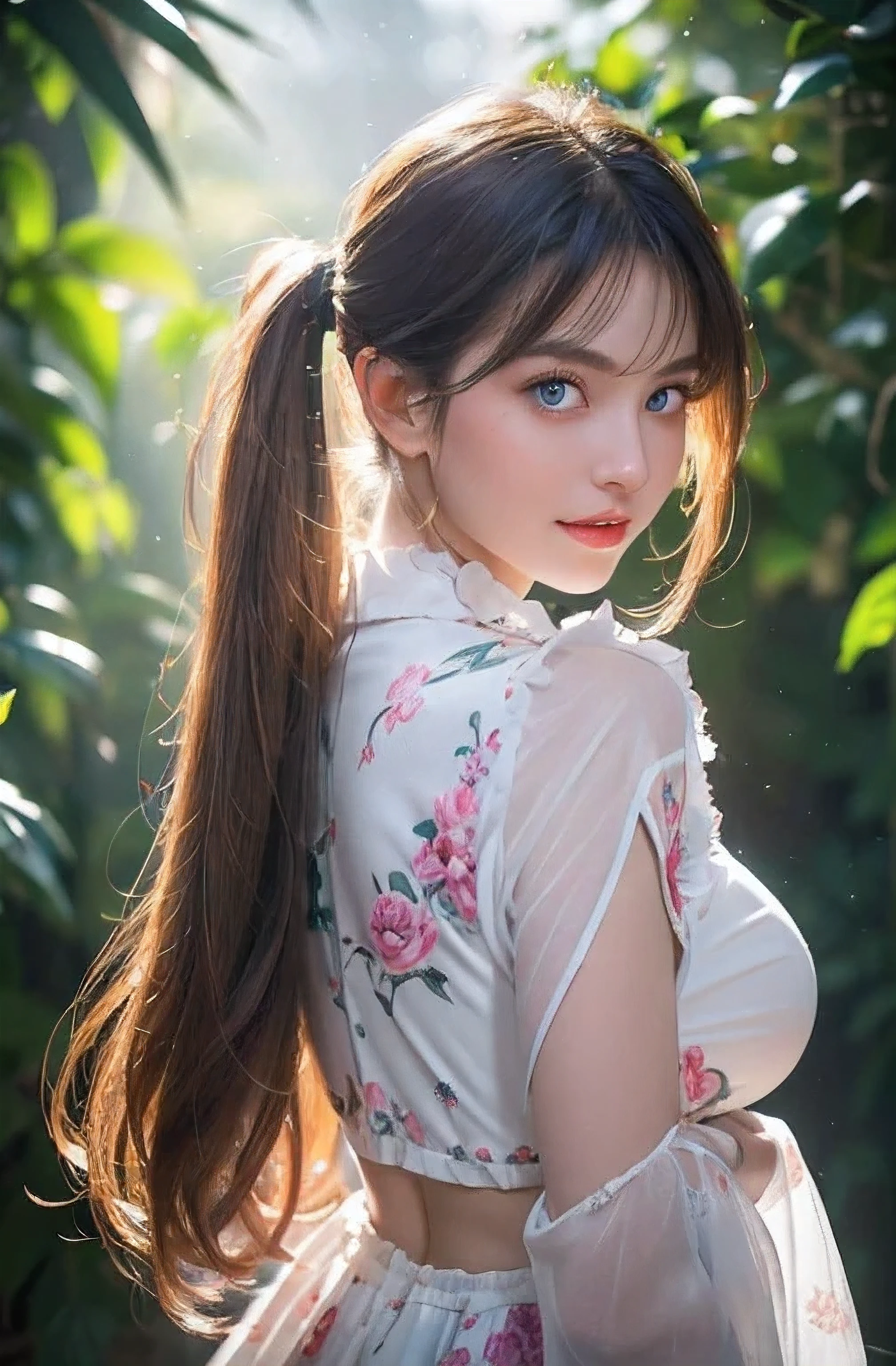 A stunning portrait of Anna Dittman-like beauty, dressed in a fitted red and white dress with fur trim, wide sleeves, and gloves, set against a darker bokeh background. Her long ash-brown hair cascades down her back as she gazes directly at the viewer with a captivating smile (1, 4). Her realistic violet eyes sparkle with intrigueng woman with vibrant, blowing hair and mesmerizing eyes, posing in mid-flight amidst a serene garden filled with blooming flowers under soft, cinematic lighting, capturing charming, cute, and beautiful expression shining like a sunset amidst a rainbowish aura ((holographic)). Her flowing dress made of ultra-detailed petals appears to dance across her figure as she takes flight, set againstwintail style)), High resolution, Upper body, No background, Studio Lightning, ((8k,UHD,32k sexy female models , Huge breasts, Blue eyes, twintails a flat lineart of a young beautiful woman leaning against colorful wall printed botanial patterns at pop-style Private Rooms,kind smile,bangs,messy short-bob,detailed realistic clothes,soft tone,only in four colors,blonde hair,midriff peekblonde hair ,Gskindentation, High resolution , Upper body, No background, Studio Lightning ,Wearing a Ball gown shiny(photorealistic:1.2) 1woman, Masterpiece, HD, 16K, A captivating minimalist illustration of a 17-year-old woman. The upper body, the face at a 45-degree angle to the center, is elegantly accentuated with delicate touches of pastel, high bangs, large eyes, full cheek lips, pale skin, close-up. The illustration resembles a tapestry painting of Anne Bachelier's light-hearted sketches, with a background of a space surrounded by many flowers, and a colorful, magical and mysterious presence is reflected in the expression.A captivating fantasy portrait of a stunning powerful young female model, dressed in a fashionable and stylish outfit with a touch of gothic elements. She is powerfully punching the camera's glass screen, leaving a striking cracked glass effect latex