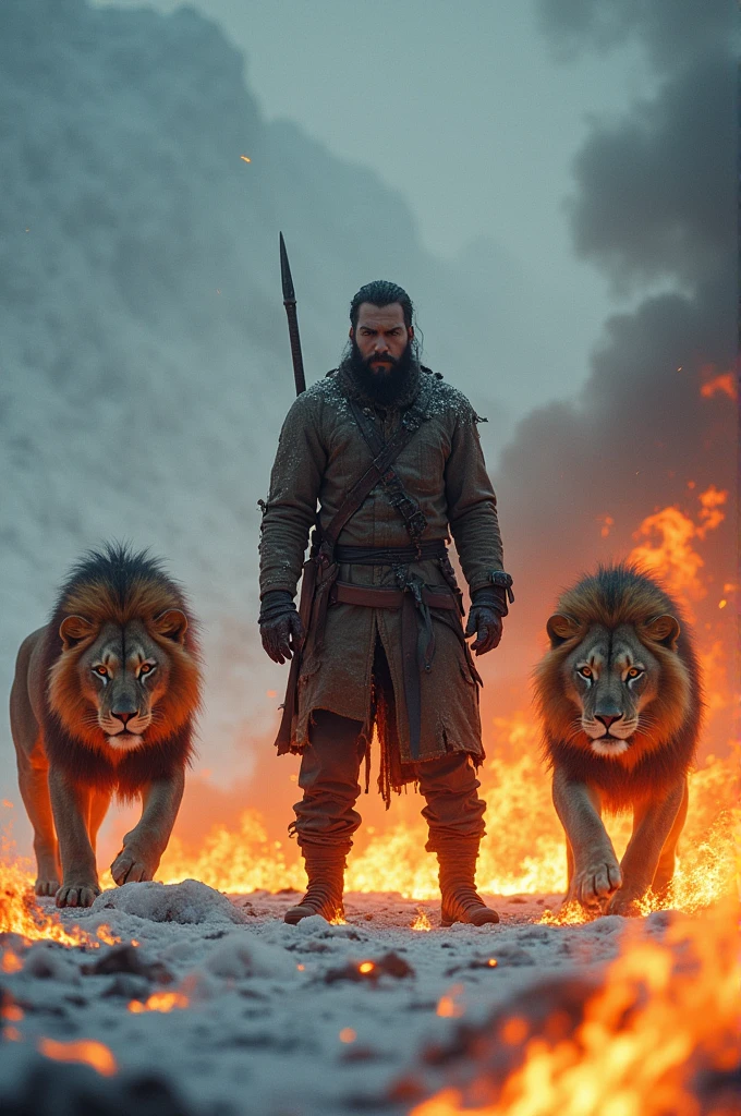 A man in fire in cold icey island facing 3 lions across him