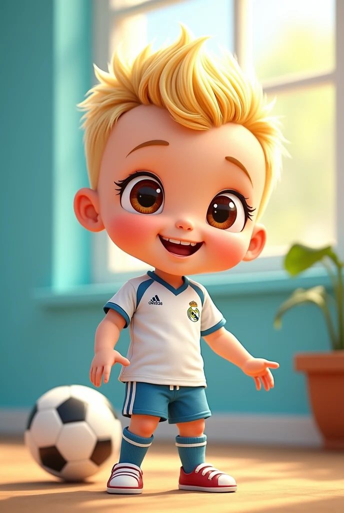 3 year old baby cartoon, Blonde with very short hair and brown eyes with the Real Madrid shirt 