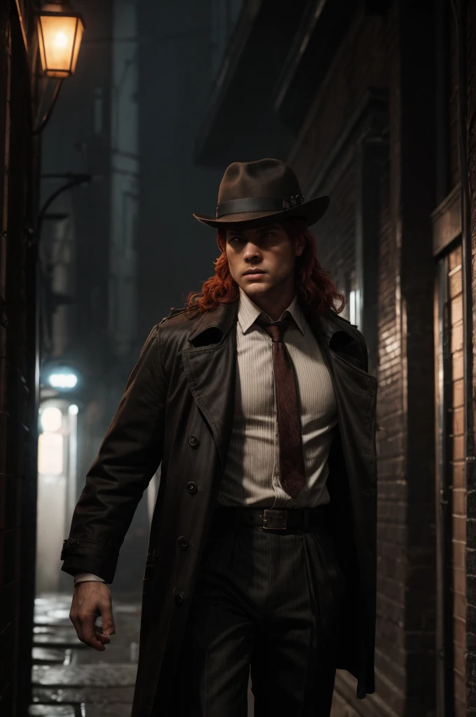 1920s hardboiled detective, striking red hair styled in soft waves, tailored trench coat and a fedora, sharp no-nonsense attitude, stands confidently in a dimly lit alleyway, surrounded by shadows and mist, cityscape with neon signs, wet cobblestone streets, brick walls, gritty atmosphere, dramatic chiaroscuro lighting, high contrast, textured clothing details, dynamic composition, strong shadows, urban setting, cinematic lighting, low-angle shot
