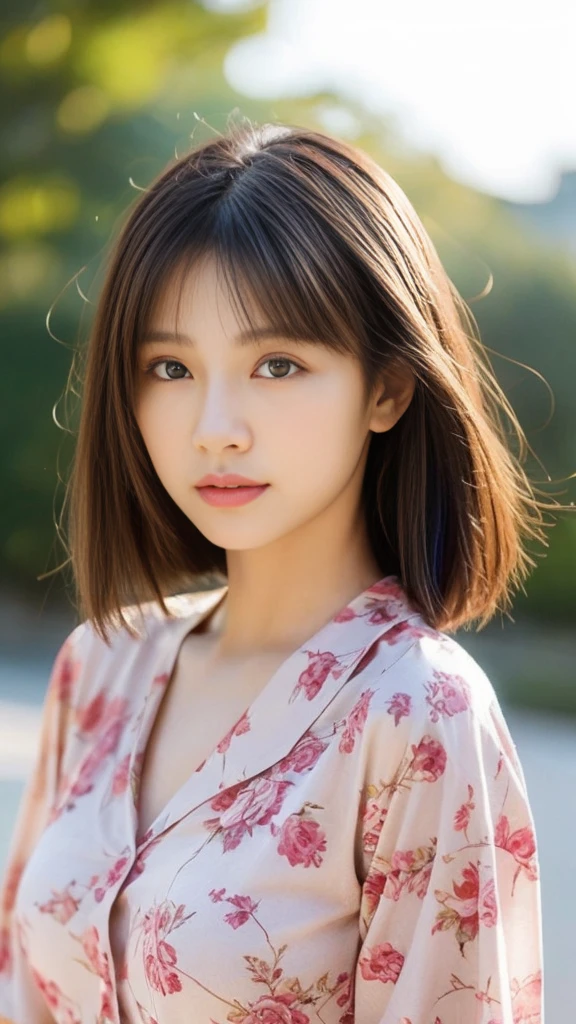 Highest quality、Japanese women、The most beautiful woman in the world、beautiful、cute、Brown bob cut hairstyle、Small face、Beautiful skin、Large breasts、Reality Stick、Blank look、Floral shirt and skirt