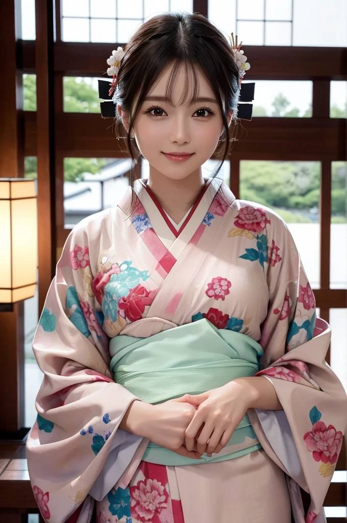 8k、High definition、Ultra Detail、Photorealistic、High resolution、Realistic and accurate depiction、Realistic and accurate human anatomy、Highest quality、Japanese women 、beautiful girl、(((JPGND))), (((kimono))), ((Highest quality、8k傑作:1.3))、(Super beautiful face:1.0)、(Glowing Skin:1.0)、Realistic photos、Perfect dynamic composition, Video Lighting、High resolutionの目と顔、One of the Japan, Pure beauty, cute, elegant, kimono, smile, ,A long-established inn in Kyoto, Japanese garden, Luxurious Japanese-style room, 振り返ってsmile