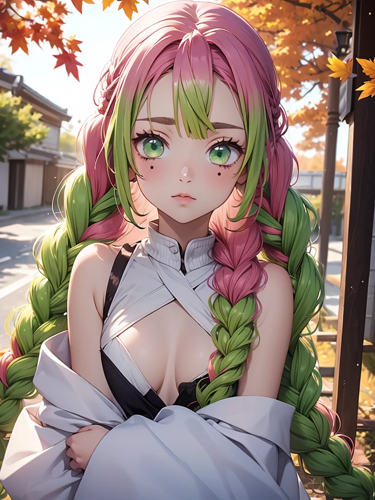 how well you'd do as your favourite anime girl? | anime_cute, 1girl, solo, kanroji mitsuri, multicolored hair, green eyes, mole, pink hair, braid, green hair, sweater, long hair, gradient hair, mole under eye, looking at viewer, twin braids, breasts, parted lips, off shoulder, lips, sleeveless, autumn leaves, bare shoulders, autumn,mitsuri(demon slayer)