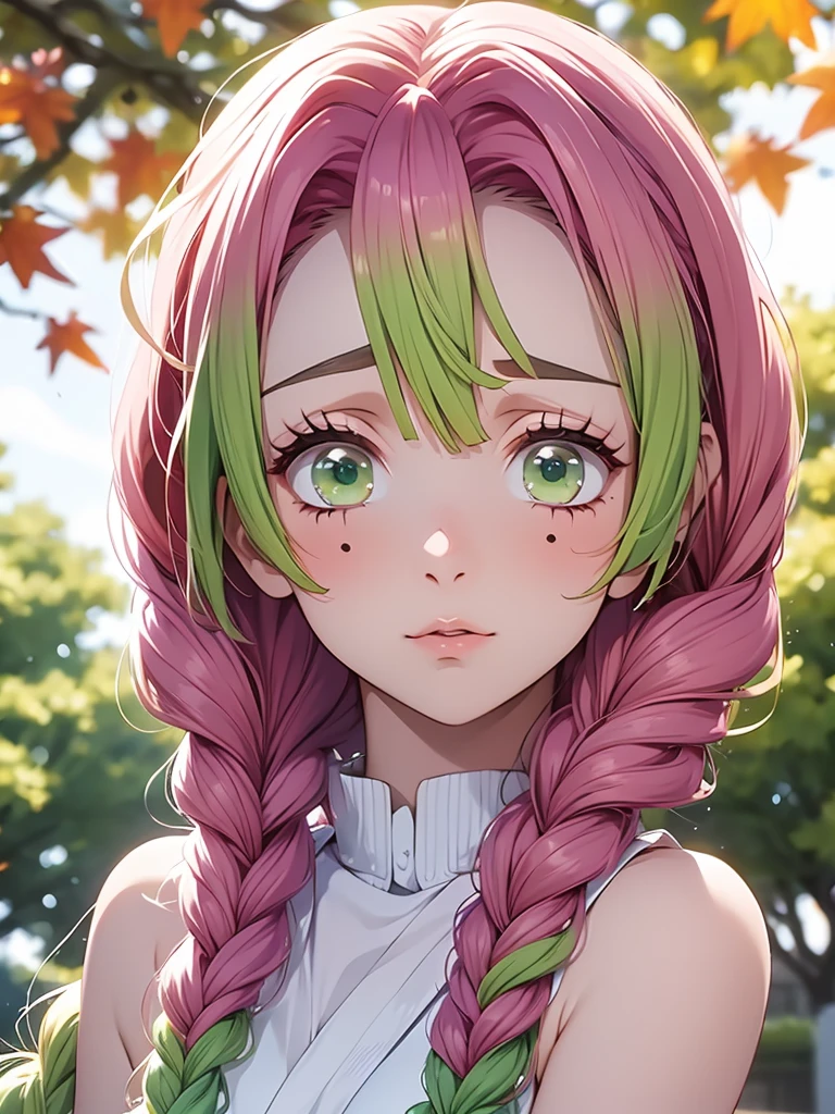 how well you'd do as your favourite anime girl? | anime_cute, 1girl, solo, kanroji mitsuri, multicolored hair, green eyes, mole, pink hair, braid, green hair, sweater, long hair, gradient hair, mole under eye, looking at viewer, twin braids, breasts, parted lips, off shoulder, lips, sleeveless, autumn leaves, bare shoulders, autumn,mitsuri(demon slayer)