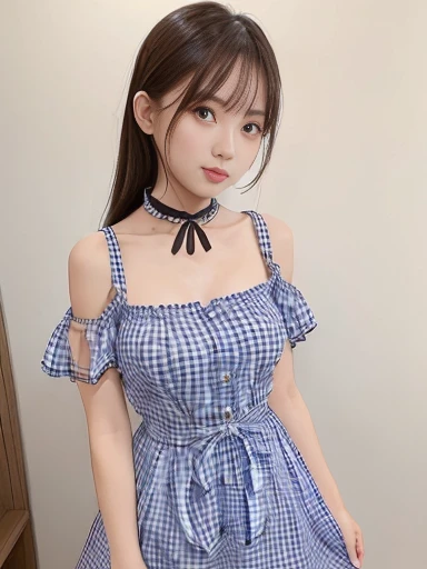 (gingham dress,choker, bare arms, bare shoulders:1.3),skirt