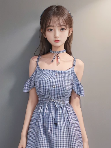 (gingham dress,choker, bare arms, bare shoulders:1.3),skirt