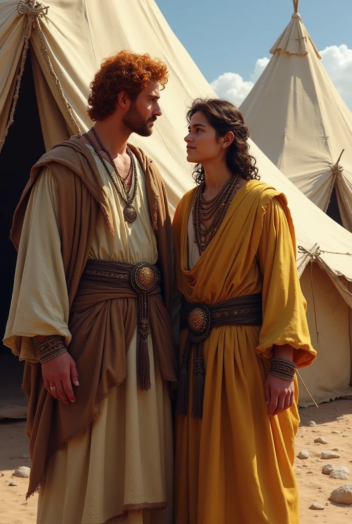 biblical history: There were two twin brothers, Esau who is red and Jacob, sons of Isaac and grandsons of Abraham. Esau was the oldest, show two brother children near the tent