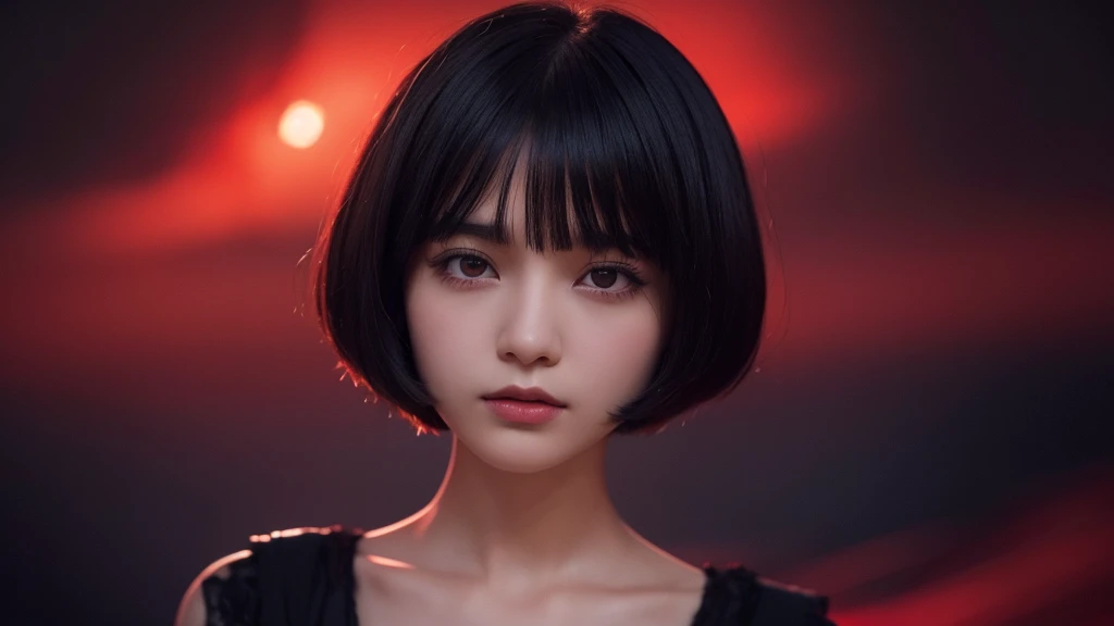Delicate and dainty young woman with shiny bob-cut black hair . She is wearing bright red. The background is a fantastic and ethereal night sky that seems to be haunted by a specter. Her expression is stern and atmospheric. Angle from directly below.