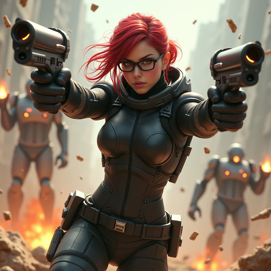 A powerful futuristic woman wearing a black tactical suit, red hair and glasses. He is in an intense action scene, holding large dual-firearms with glowing muzzles, surrounded by a chaotic flying battlefield of debris and explosions. The background is filled with smoke, dust and fire as enemy robots are destroyed in the air, adding to the dynamic and intense atmosphere
