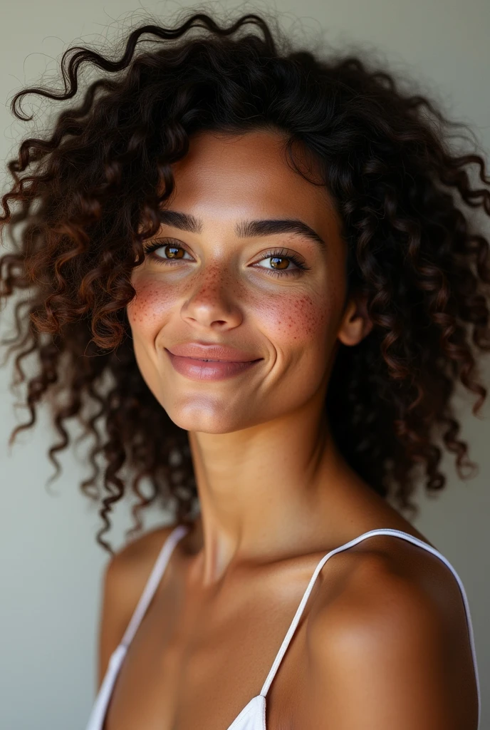 (photorealism:1.2), beautiful woman, métisse tache de rousseur , yeux noisette , sportive , cheveux bouclés. Très belle . Très réaliste